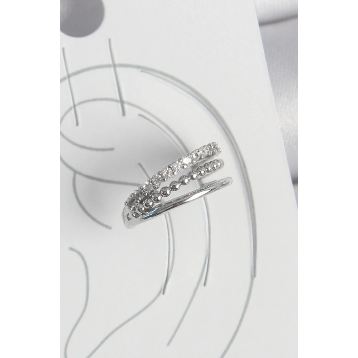 Pirinç Gümüş Renk Zirkon Taşlı 3Lü Sıralı Model Kadın Kıkırdak Küpe