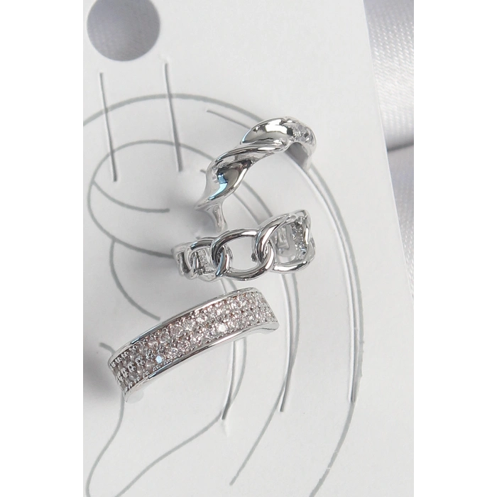 Pirinç Gümüş Renk Zirkon Taşlı 3Lü Zincir Sarmal Model Kadın Kıkırdak Küpe