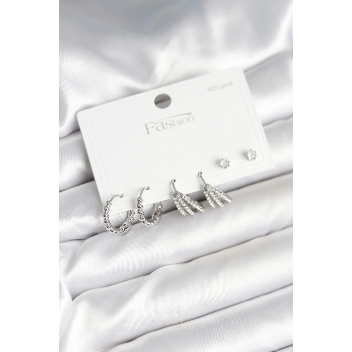 Pirinç Gümüş Renk Zirkon Taşlı 925 Gümüş Çivili Kadın Küpe Seti