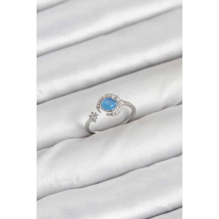 Pirinç Gümüş Renk Zirkon Taşlı Ay Yıldız Kadın Yüzük