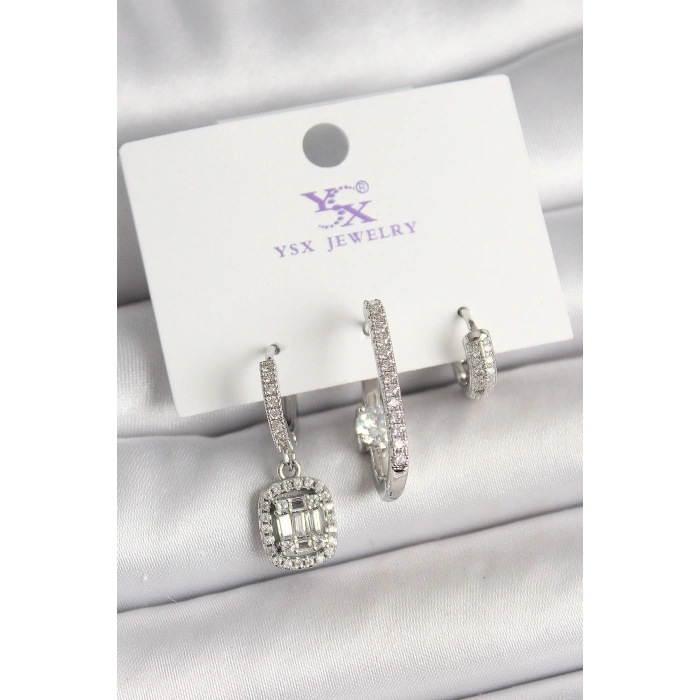 Pirinç Gümüş Renk Zirkon Taşlı Baget Halka Model 3Lü Kadın Kombin Küpe