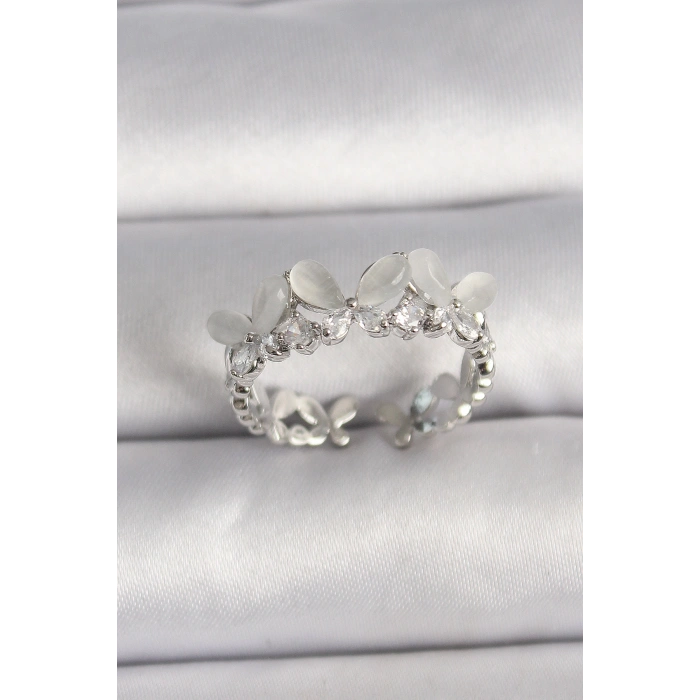 Pirinç Gümüş Renk Zirkon Taşlı Beyaz Mineli Kelebek Model Ayarlanabilir Yüzük