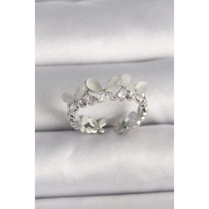 Pirinç Gümüş Renk Zirkon Taşlı Beyaz Mineli Kelebek Model Ayarlanabilir Yüzük