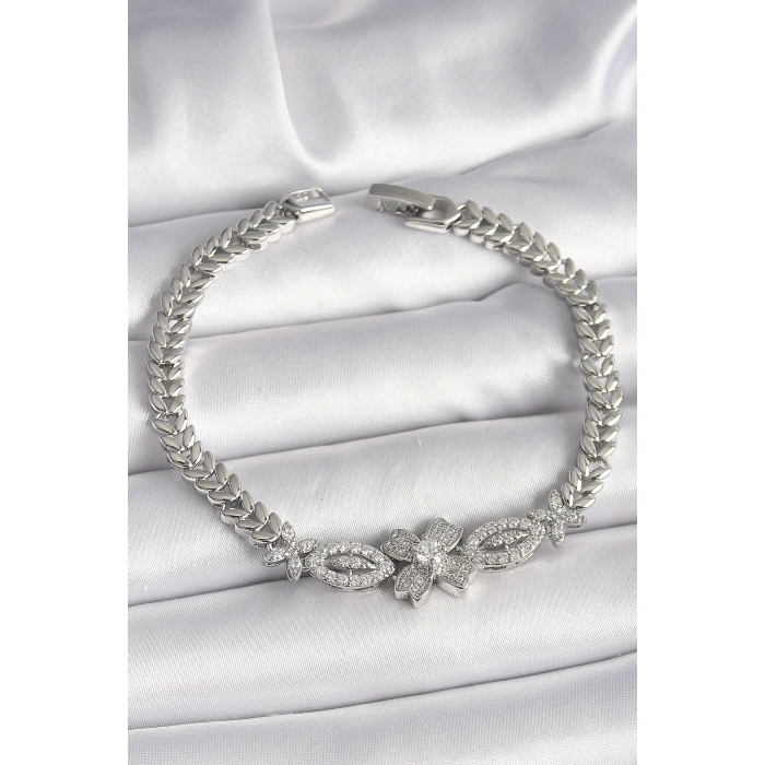 Pirinç Gümüş Renk Zirkon Taşlı Çiçek Figür Arpa Zincir Model Kadın Bileklik