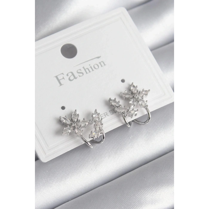 Pirinç Gümüş Renk Zirkon Taşlı Çiçek Model Kadın Küpe