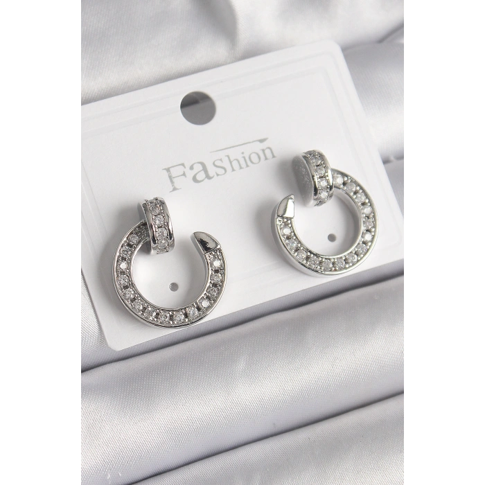 Pirinç Gümüş Renk Zirkon Taşlı Çivi Halka Model Kadın Küpe