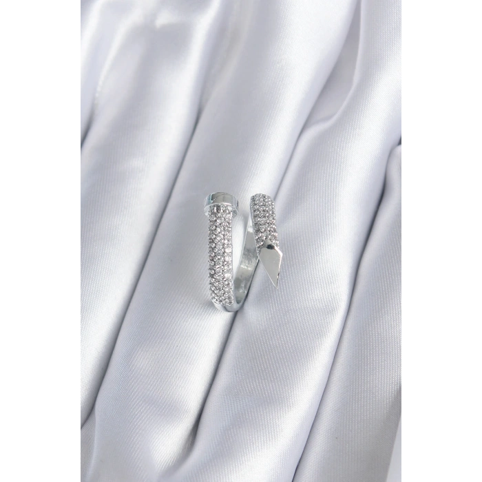 Pirinç Gümüş Renk Zirkon Taşlı Çivi Model Kadın Yüzük