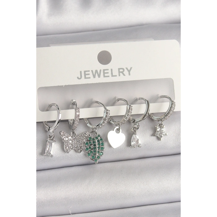 Pirinç Gümüş Renk Zirkon Taşlı Çoklu Figür Kadın Küpe Seti