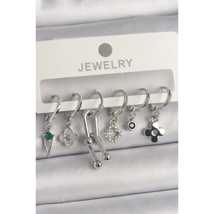 Pirinç Gümüş Renk Zirkon Taşlı Çoklu Figür Kadın Küpe Seti