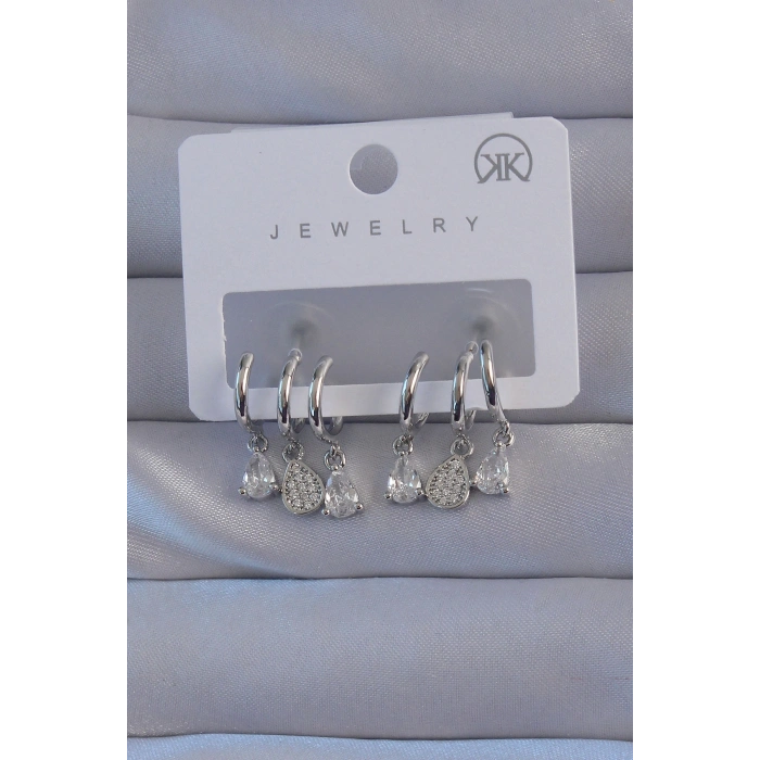 Pirinç Gümüş Renk Zirkon Taşlı Damla Model Çoklu Görünüm Yarım Halka Küpe