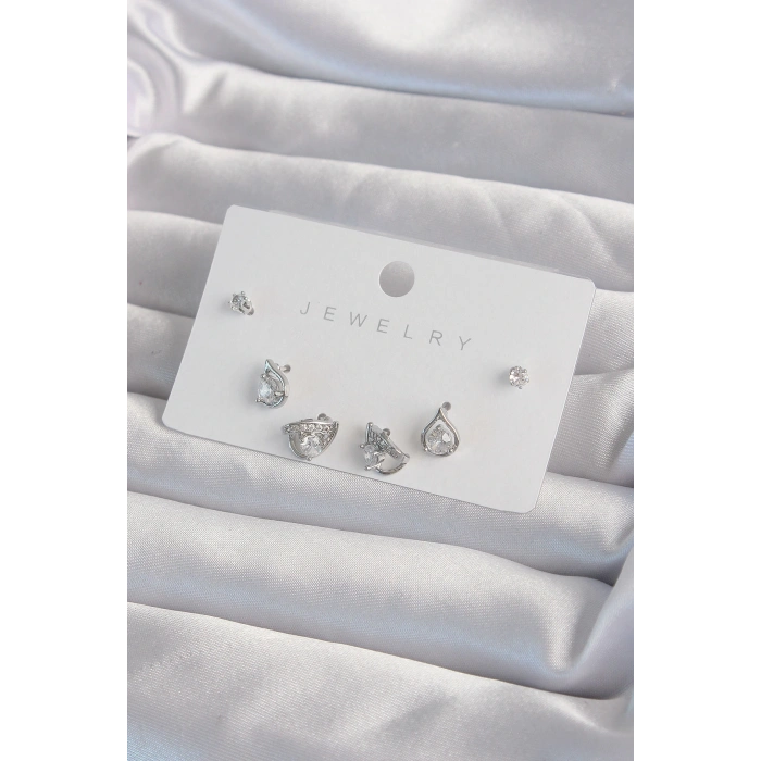 Pirinç Gümüş Renk Zirkon Taşlı Damla Model Küpe Seti