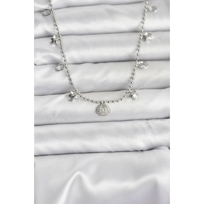 Pirinç Gümüş Renk Zirkon Taşlı Deniz Kabuğu Model Kadın Kolye