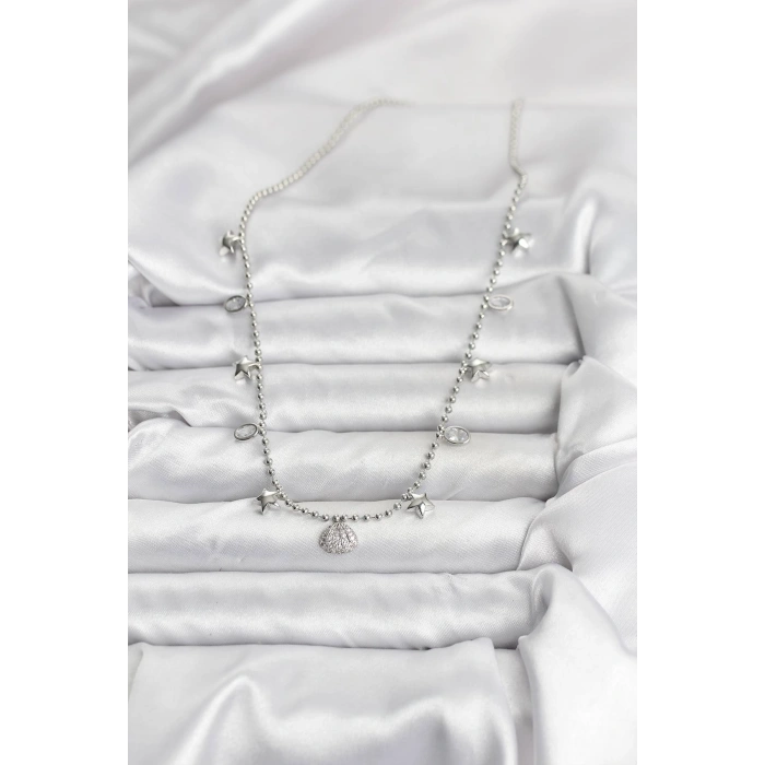 Pirinç Gümüş Renk Zirkon Taşlı Deniz Kabuğu Model Kadın Kolye