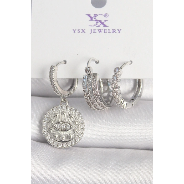 Pirinç Gümüş Renk Zirkon Taşlı Göz İşlemeli Halka Model 3Lü Kadın Kombin Küpe