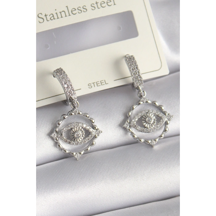 Pirinç Gümüş Renk Zirkon Taşlı Göz Model Kadın Küpe