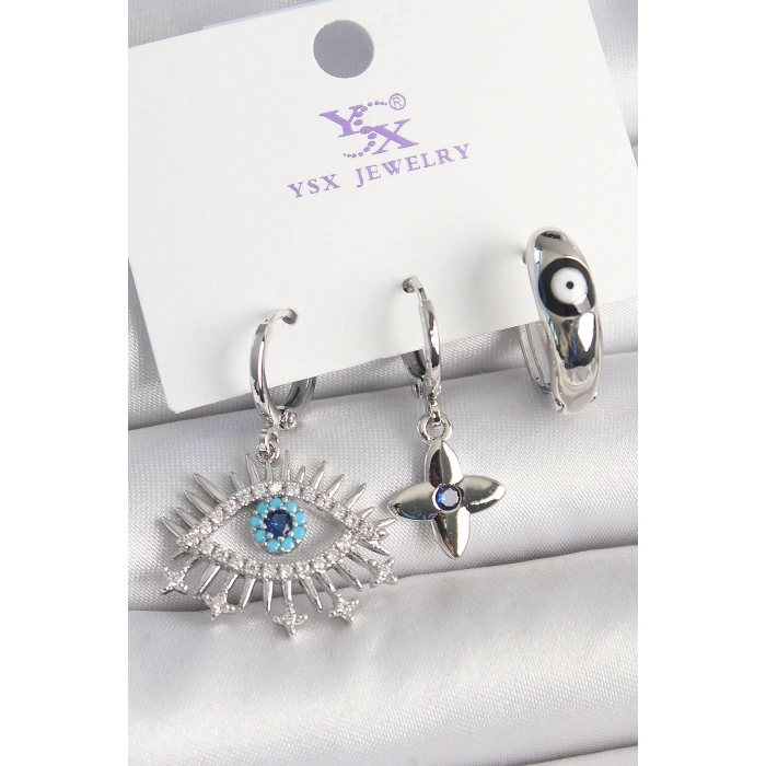 Pirinç Gümüş Renk Zirkon Taşlı Göz Model Nazar Boncuk Detay 3Lü Kadın Kombin Küpe