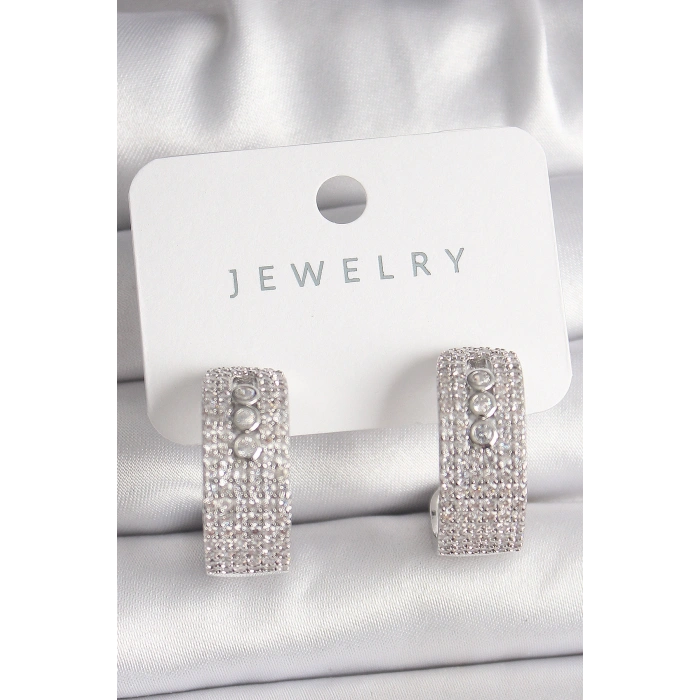 Pirinç Gümüş Renk Zirkon Taşlı Halka Messika Model Kadın Küpe