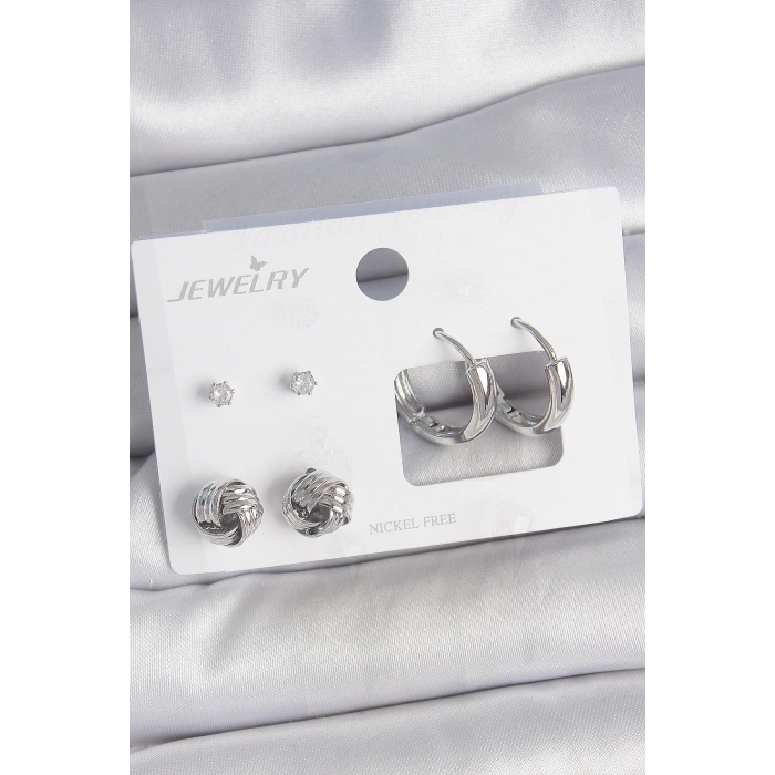 Pirinç Gümüş Renk Zirkon Taşlı Halka Model 3 Çift Kadın Küpe Seti