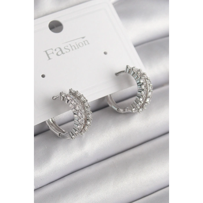 Pirinç Gümüş Renk Zirkon Taşlı Halka Model Kadın Küpe