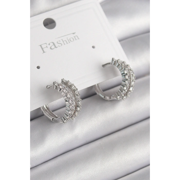 Pirinç Gümüş Renk Zirkon Taşlı Halka Model Kadın Küpe