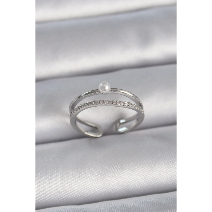 Pirinç Gümüş Renk Zirkon Taşlı İnci Detay Ayarlanabilir Model Kadın Yüzük