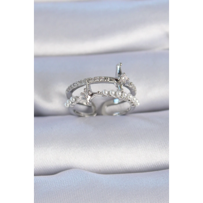 Pirinç Gümüş Renk Zirkon Taşlı İnci Detay Kutup Yıldızı Model Kadın Yüzük