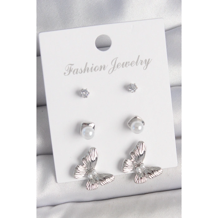 Pirinç Gümüş Renk Zirkon Taşlı İnci Detaylı Kelebek Model 3 Çift Kadın Küpe Seti