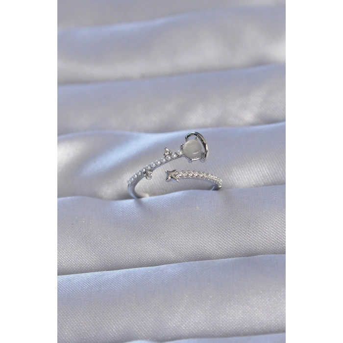 Pirinç Gümüş Renk Zirkon Taşlı İncili Satürn Model Ayarlanabilir Yüzük