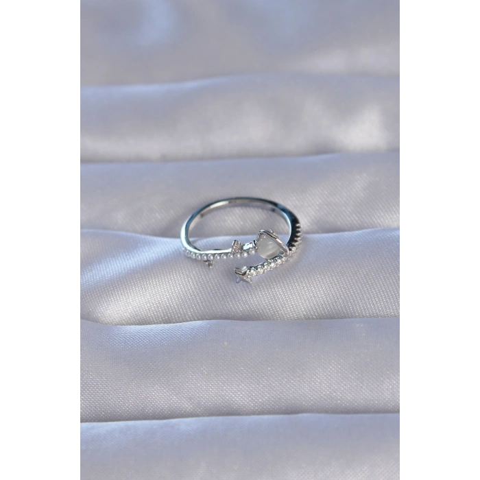 Pirinç Gümüş Renk Zirkon Taşlı İncili Satürn Model Ayarlanabilir Yüzük