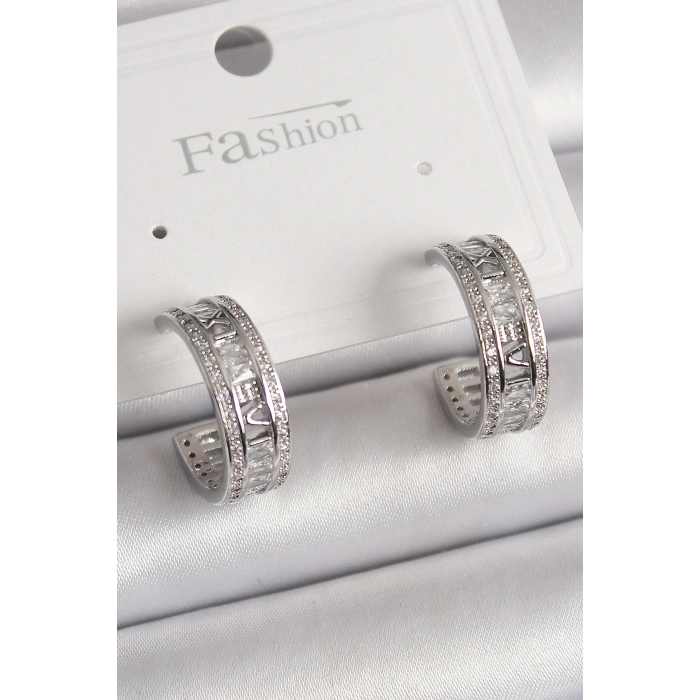 Pirinç Gümüş Renk Zirkon Taşlı İşleme Detay Halka Model Kadın Küpe