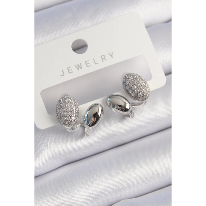 Pirinç Gümüş Renk Zirkon Taşlı Kadın Küpe