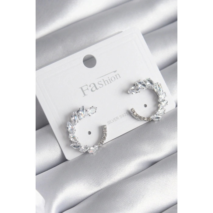 Pirinç Gümüş Renk Zirkon Taşlı Kadın Küpe