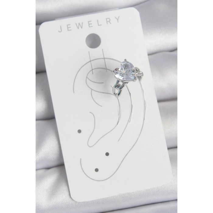 Pirinç Gümüş Renk Zirkon Taşlı Kalp Model Kadın Kıkırdak Küpe