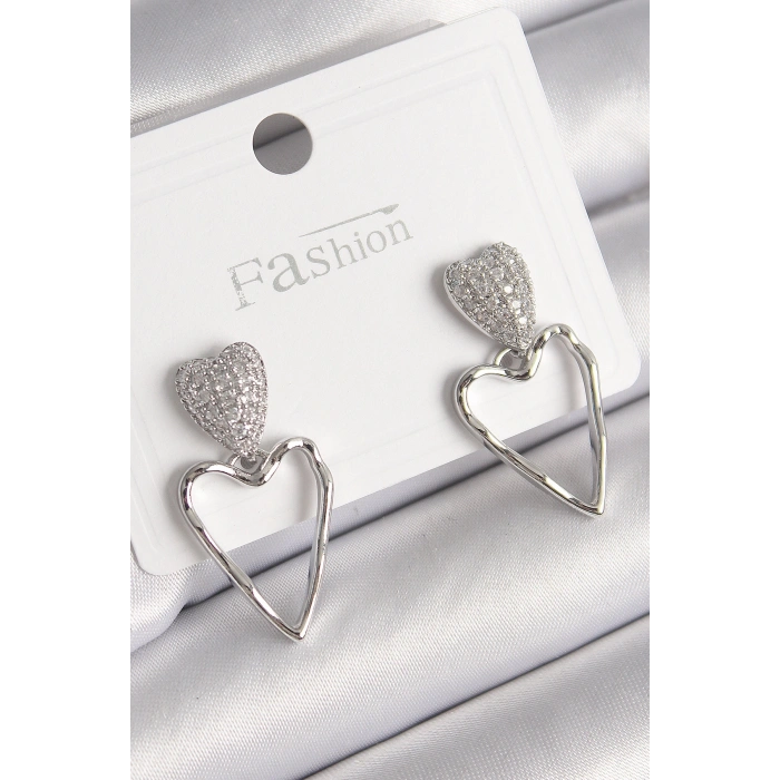 Pirinç Gümüş Renk Zirkon Taşlı Kalp Model Kadın Küpe