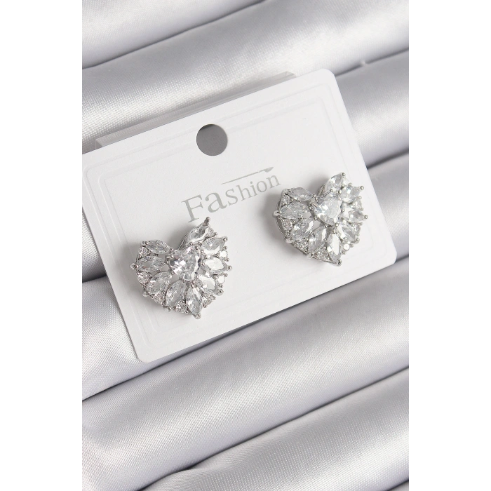 Pirinç Gümüş Renk Zirkon Taşlı Kalp Model Kadın Küpe