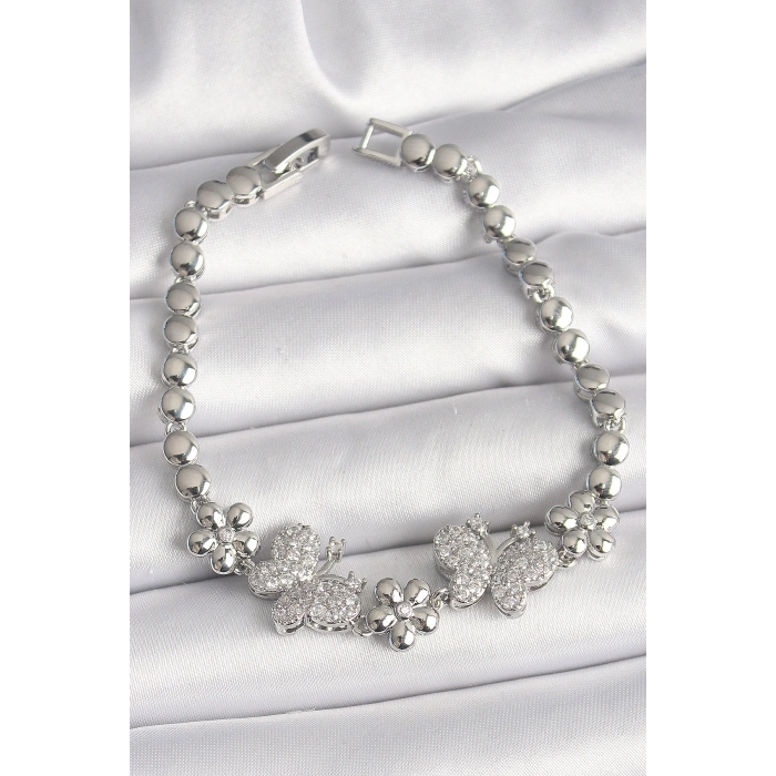 Pirinç Gümüş Renk Zirkon Taşlı Kelebek Figür Çiçek Zincir Model Kadın Bileklik