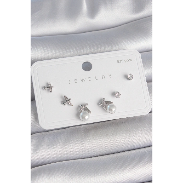 Pirinç Gümüş Renk Zirkon Taşlı Kelebek Model İnci Detay 925 Ayar Gümüş Çivi Kadın Küpe Seti