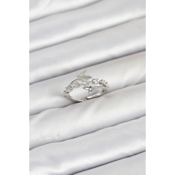 Pirinç Gümüş Renk Zirkon Taşlı Kelebek Model Kadın Yüzük