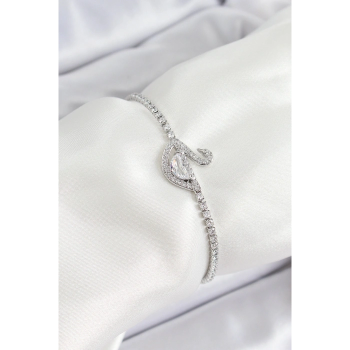 Pirinç Gümüş Renk Zirkon Taşlı Kuğu Model Kadın Bileklik