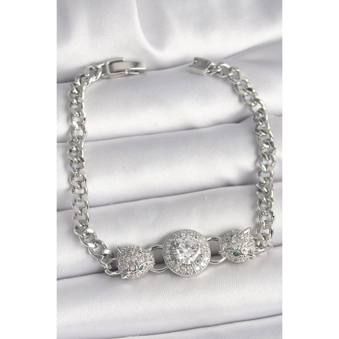 Pirinç Gümüş Renk Zirkon Taşlı Leopar Figür Zincir Model Kadın Bileklik