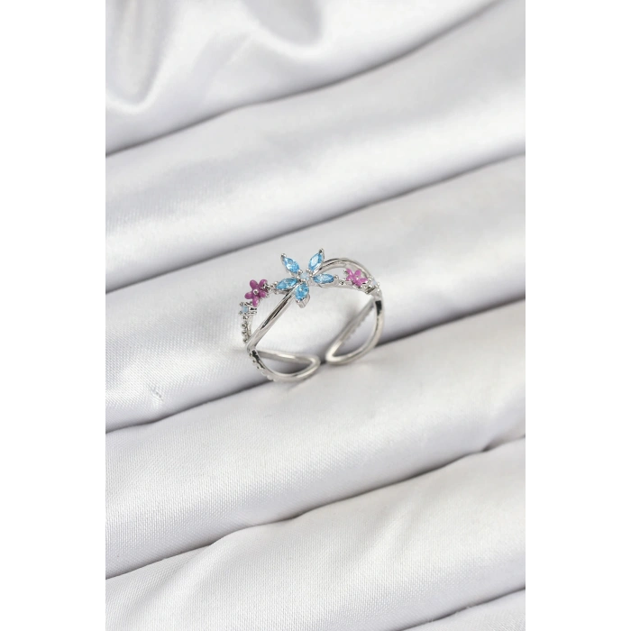 Pirinç Gümüş Renk Zirkon Taşlı Mavi Çiçekli Kadın Yüzük