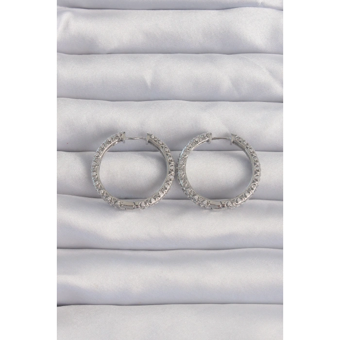 Pirinç Gümüş Renk Zirkon Taşlı Motifli Halka Küpe