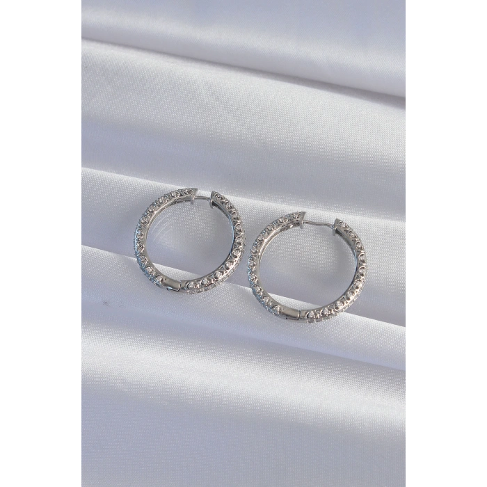 Pirinç Gümüş Renk Zirkon Taşlı Motifli Halka Küpe