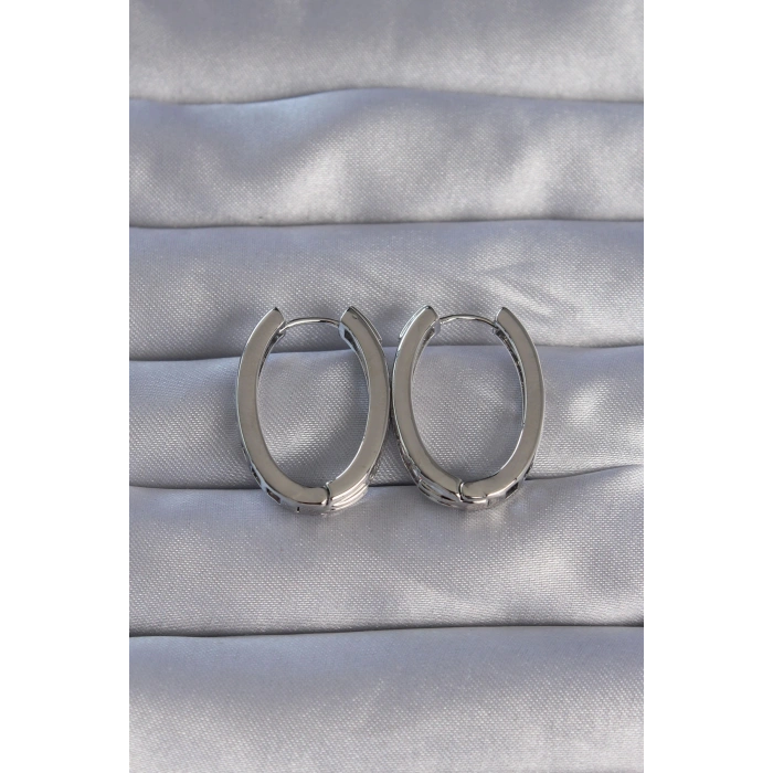 Pirinç Gümüş Renk Zirkon Taşlı Oval Model Küpe