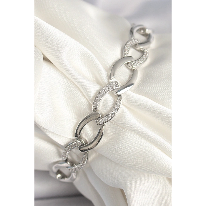 Pirinç Gümüş Renk Zirkon Taşlı Oval Zincir Model Kadın Bileklik