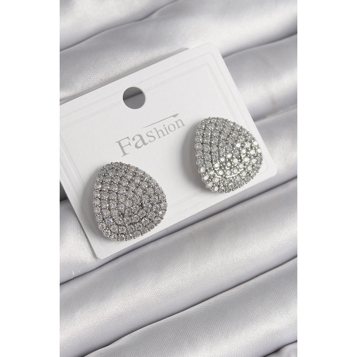 Pirinç Gümüş Renk Zirkon Taşlı Plaka Model Kadın Küpe