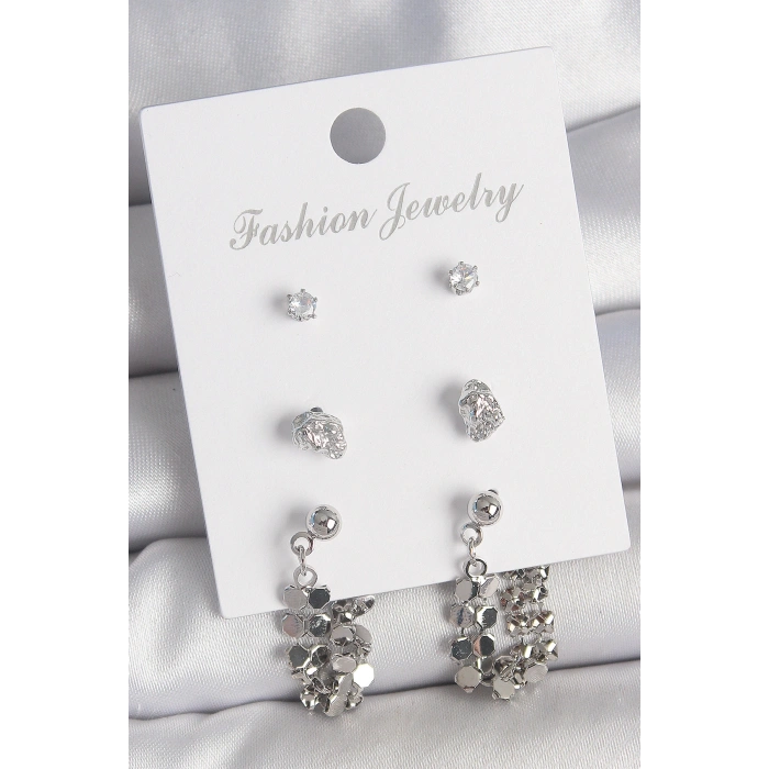 Pirinç Gümüş Renk Zirkon Taşlı Pullu Sallantılı Model 3 Çift Kadın Küpe Seti