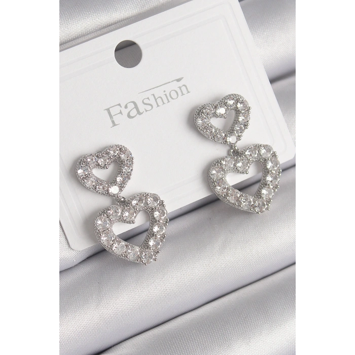 Pirinç Gümüş Renk Zirkon Taşlı Sallantı Kalp Model Kadın Küpe