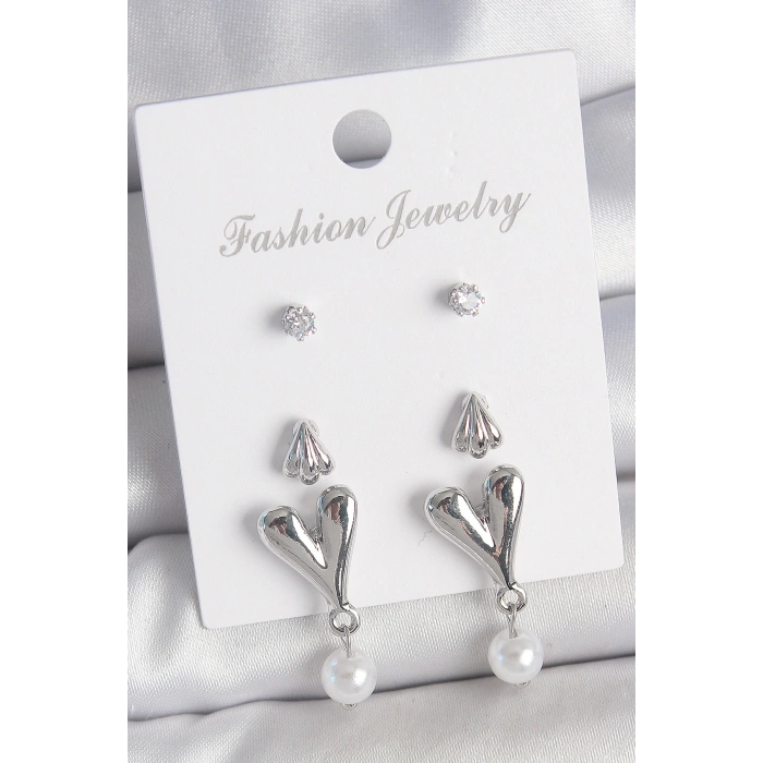 Pirinç Gümüş Renk Zirkon Taşlı Sallantılı Kalp Model 3 Çift Kadın Küpe Seti