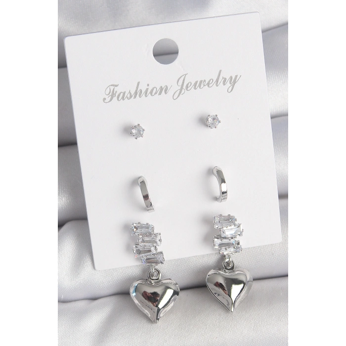 Pirinç Gümüş Renk Zirkon Taşlı Sallantılı Kalp Model Yarım Halka Detay 3 Çfit Kadın Küpe Seti